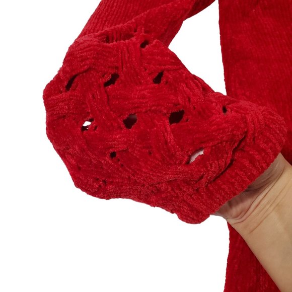 VTG 90s Denim & Co Chenille Velour L/S Top Sweater Cable Knit Lattice-Sleeve - Picture 3 of 5